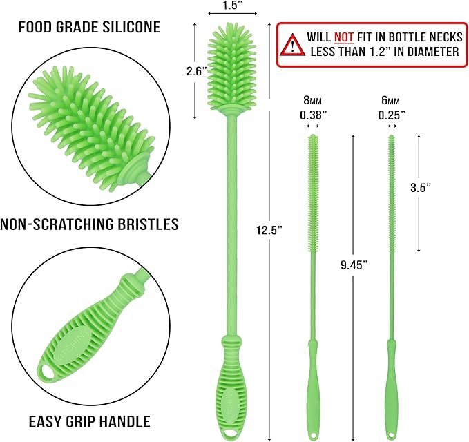 12.5" Silicone Bottle Brush & Straw Cleaner Brush Set | Water Bottle Cleaner for Hydro Flasks, Tumblers, Glassware, Vases and Narrow Neck Containers
