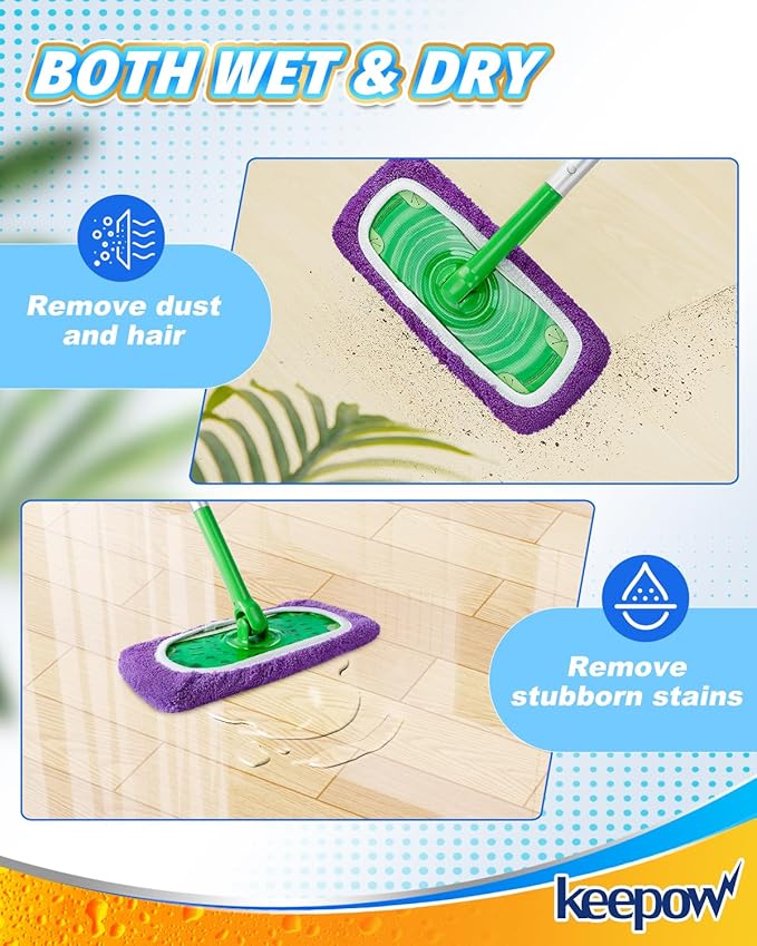 KEEPOW Reusable Mop Pads Compatible with Swiffer Sweeper Mop, Microfiber Dry Sweeping Cloths & Machine Washable Wet Pads Refill for All Sealed Floors - Stone, Hardwood, Laminate & Tile (8 Purple)