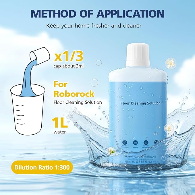 VILLAPOOL Floor Cleaning Solution Compatible with Roborock Robot Vacuums & Wet Dry Vacuums, Deep Cleaning Formula for Hardwood, Tile & Laminate Floors, Gentle and Powerful, 1L (33.8 fl oz)