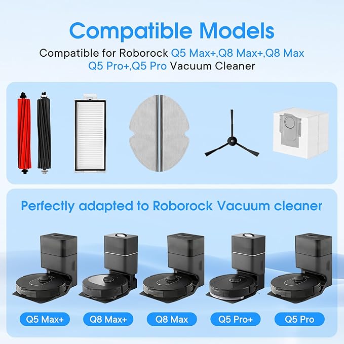 MIXEAL Q5 Max+ Accessories Compatible with Roborock Q8 Max/Q8 Max+, Q5 Pro/Q5 Pro+,Q5 Max+,Q5 DuoRoller+ Robot Vacuum,2 Main Brushes,6 Side Brushes,6 Filters,6 Bags,2 Tools