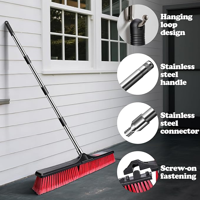 MASTERTOP 24" Push Broom Outdoor, Heavy Duty Garden Brush Broom with 58" Long Handle and Stiff Bristles,Commercial Outdoor Broom for Deck Driveway Garage Yard Patio Warehouse Concrete Floor Cleaning
