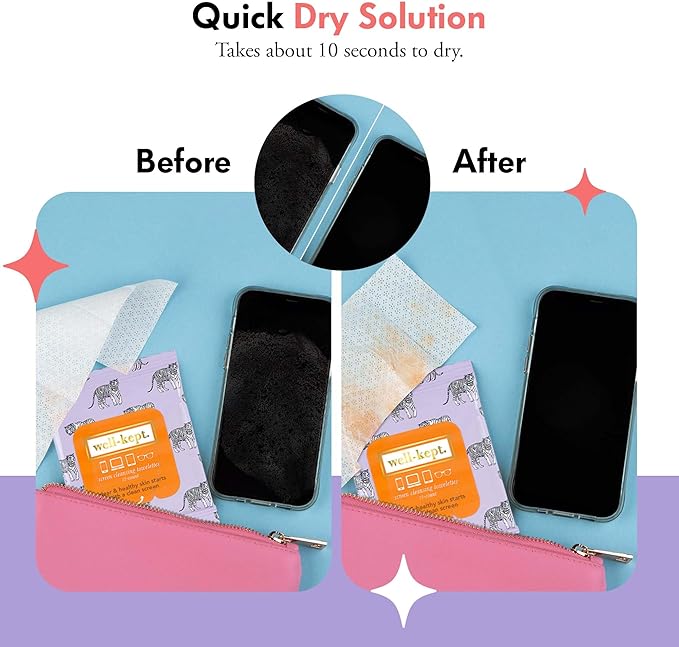 Well-Kept Tech & Lens Wipes - Eyeglass, Screen & Phone Cleaning, Multi-Surface, Lint-Free, Pre Moistened, Streak-Free & Non Scratching - Tiger Pose, 6 Pack (90 Count)
