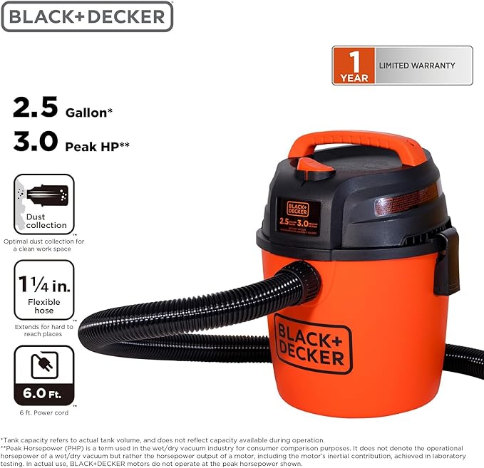 BLACK+DECKER 2.5 Gallon Shop Vac, 3 Peak HP Wet Dry Vacuum with Powerful Suction, Portable for Garage Car and Home Use, Pet Hair Cleaning, Accessories Included, BDXV18134PA