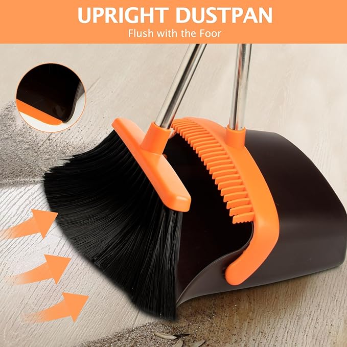 XXFLOWER 2-Pack Broom and Dustpan Set with Long Handle, Heavy Dust Broom and Dustpan Combo for Home，Kitchen, Office, Pet Hair (Brown Orange)