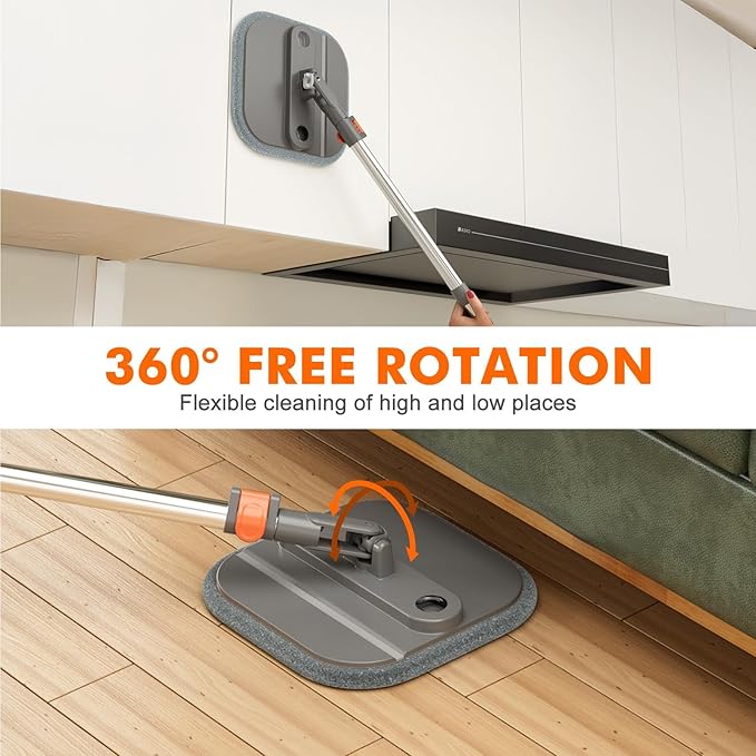 Upgraded Spin Mop and Bucket System Set, Self Separate Clean and Dirty Water, Foldable Square Standing Mop Head with Microfiber Mop Pads, Detachable Bucket (Grey+Orange, Mop Set with 6PC Pads)