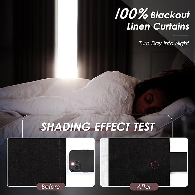 Black Linen Blackout Curtains 120 Inch Length 2 Panels Set Burg Extra Long 10 Ft Back Tab Pocket Drapes Cotton Textured Thermal Insulated Total Blocking Curtains for Dining Room Cottage High Window
