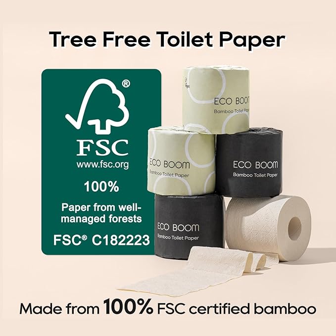 ECO BOOM Toilet Paper 100% Bamboo 3-fly, Plastic-Free & Tree-Free, strong, FSC Certified, Unscented, 9 Rolls, 360 Sheets | PFAS Free, BPA Free & Septic Safe