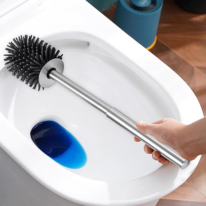 SOPRANNOMIN SUS304 Stainless Steel Toilet Brush and Holder Silicone Bathroom Brush TPE Brush Head Toilet Cleaner for Bowl Bathroom Cleaning Brush Caddy Cepillo de Baño Brushed Silver