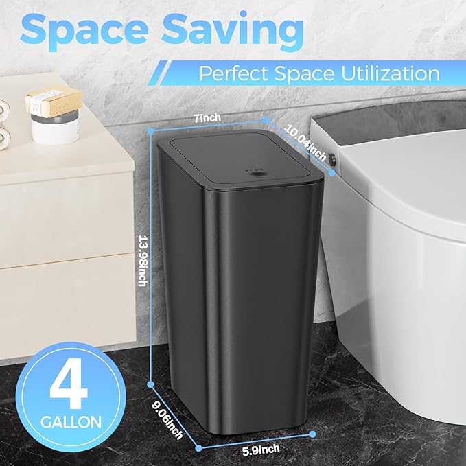 3 Pack 4 Gallon Bathroom Small Trash Can with Lid, 15L Slim Garbage Bin Wastebasket with Pop-Up Lid for Bedroom, Office, Kitchen, Dorm, Fits Under Desk
