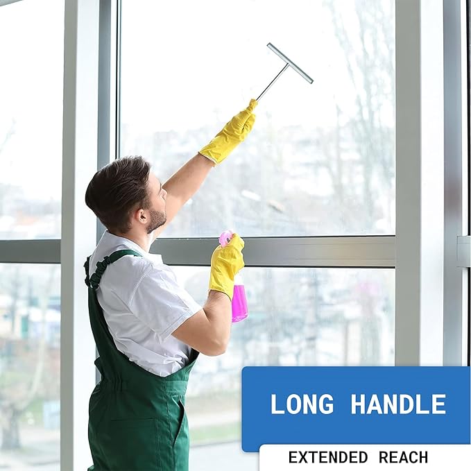 Long Handle Shower Squeegee for Glass Doors - Stainless Steel with Silicone Hook Holder - Scrubber for Shower Tile Wall Cleaning, Bathroom Cleaner - Large Shower Door Sweep Wiper with Rubber Hanger