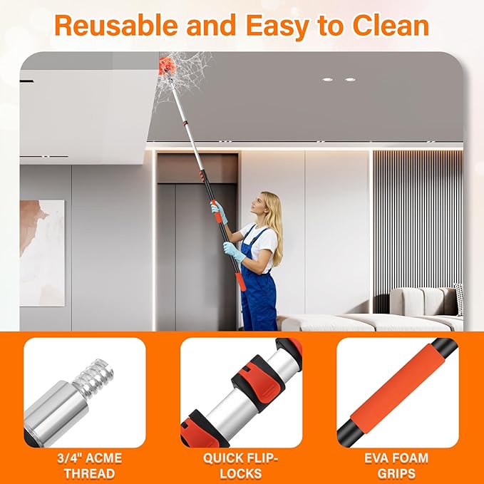 30FT High Reach Duster Cleaning Kit with 24FT Pole | 4-in-1 Tool Set with Universal Swivel Joint | High Ceiling Fan Cleaner, Microfiber Duster, & Window Squeegee for Safe High-Reach Cleaning