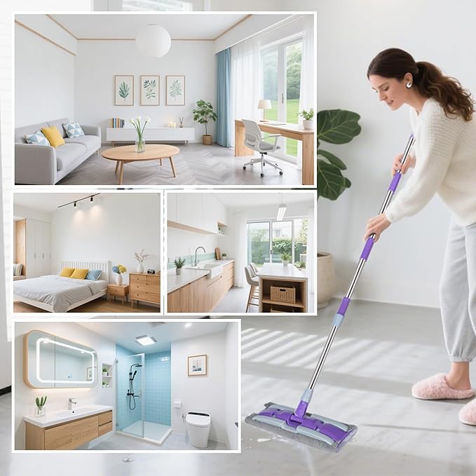 ITTAHO Microfiber Mops for Floor Cleaning ,Wet Dry Flat Mop with Stainless Steel Telescopic Handle,4 Reusable Mop Pads , Dust Mop for Hardwood Floors ,Home,Laminate,Tile,Hardwoods Cleaning (Purple)
