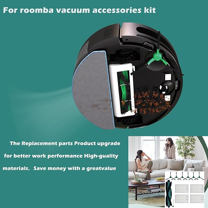 DovLazm 19 Pcs Replacement Parts for iRobot Roomba Combo Essential Q0120 Y0140 Q0520 Y0110 Y0120 Y0142 Q011 Robot Vacuum Cleaner Accessories，2 Roller Brushes，4 Filters，4 Mop pads，8 Side Brushes