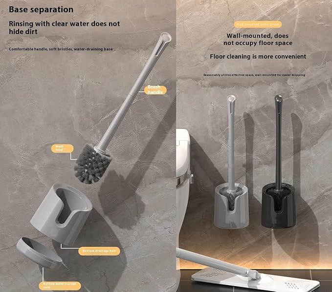 Wall Mounted Toilet Brush Set with No-Drill Adhesive & Drip-Free Tray Space-Saving Toilet Cleaning Brush Holder Deep CleansNoMessStorageSlides Under Sinks (Gray)