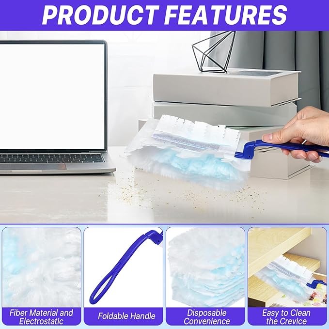 Milkary 60Pcs Duster Refills Electrostatic Fluffy for Cleaning, Duster Disposable Replacement Refills Bulk with 2 Handles for Home Office Blinds Ceiling Fans Furniture Multi-Surface Dusting, Blue