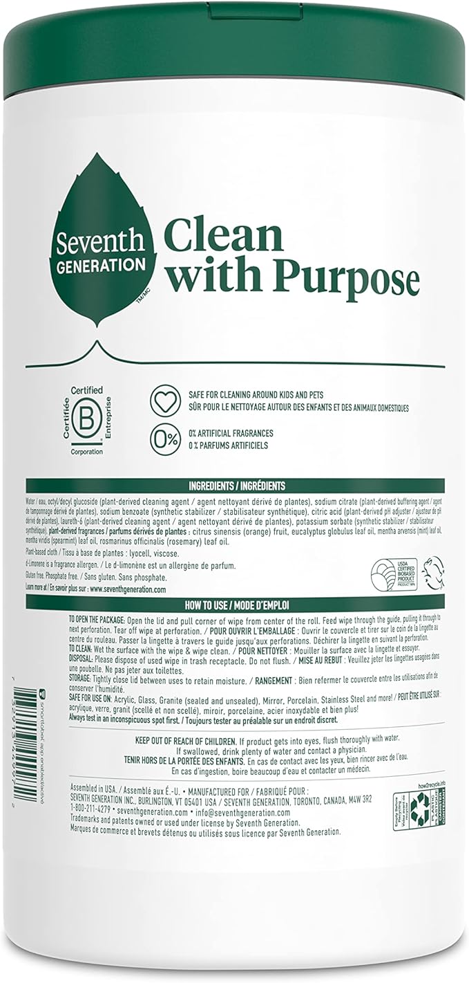Seventh Generation Multi Purpose Wipes All Purpose Cleaning Garden Mint scent with 100% Essential Oils and Botanical Ingredients 70 count, Pack of 6