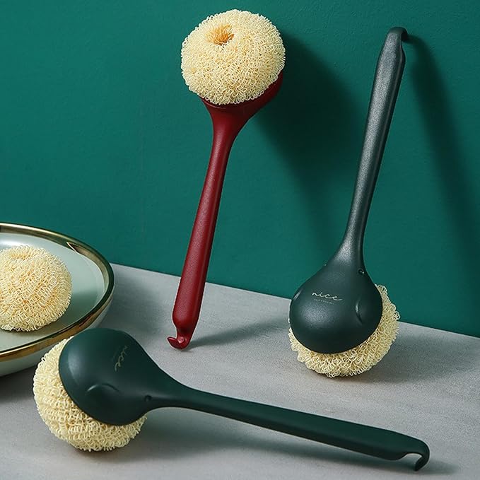 Kitchen Dish Scrubber with Long Handle, Heavy Duty Scrubbing Brushes for Dishes, with Plastic Replacement for Cleaning Kitchen, Pots, Pans, Grills (Long Handle Green)