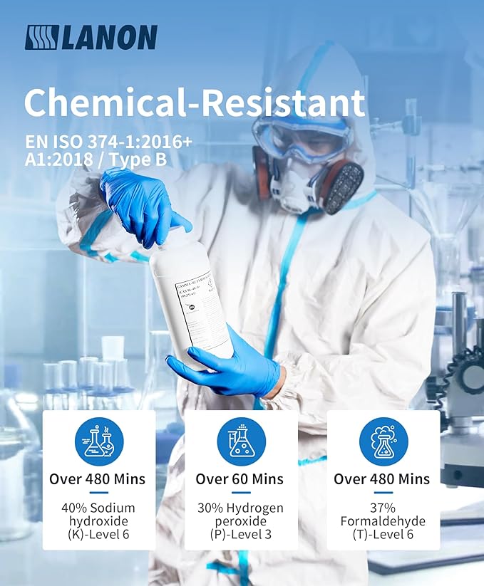 LANON Disposable Nitrile Gloves, Silicone-Free, Food-Safe, Chemical Resistant, Powder-Free, Textured Fingertips, Cooking, Cleaning, Blue, X-Large