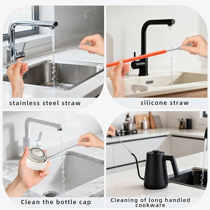 TenderBloom Silicone Straw Cleaner Brush, 4-Piece Reusable Straw Brush Set with Extra-Long Design for Cleaning Thin Metal Straws and Wider Milkshake Straws （6mm+9mm Gray)