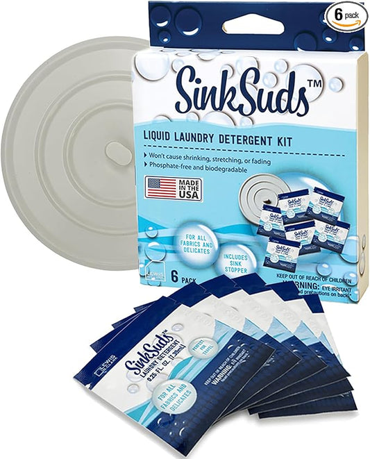 SinkSuds Laundry Detergent Travel Size Liquid Soap TSA Compliant Safe for All Fabrics 6 Packets & 1 Sink Stopper