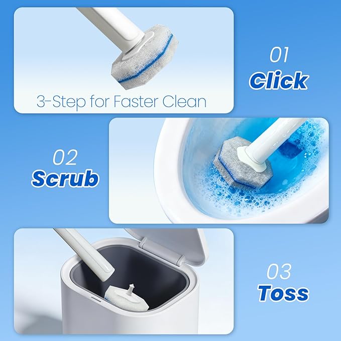 40 Disposable Toilet Brush Refills Srubber Pads, Wall Mounted Toilet Bowl Holder Set Toilet Cleaning System Starter Kit, Scrubbing Toilet Wand Pads