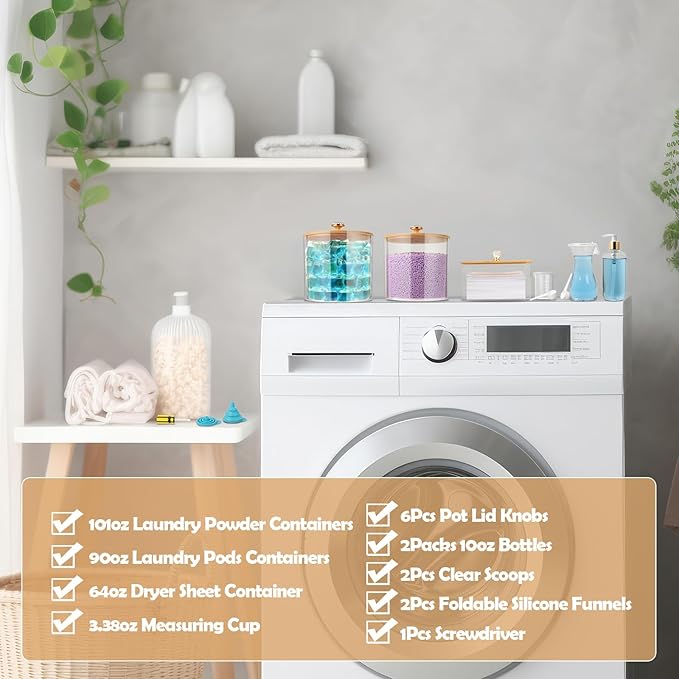 5 Pcs Laundry Container Organizing with Laundry Powder Container and Dryer Sheet Holder Acrylic Laundry Soap Dispenser Bottle with Funnel, Measuring Cup Laundry Pod Holder for Beads,Soap,Scent Booster
