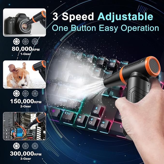 DOWYLIK Compressed Air Duster, 300,000RPM Powerful Electric Air Duster, No Canned Air Duster-Replace Compressed Air, 3 Gear Adjustable High-Speed Air Blower for Office, Home,Car, Computer, Keyboard