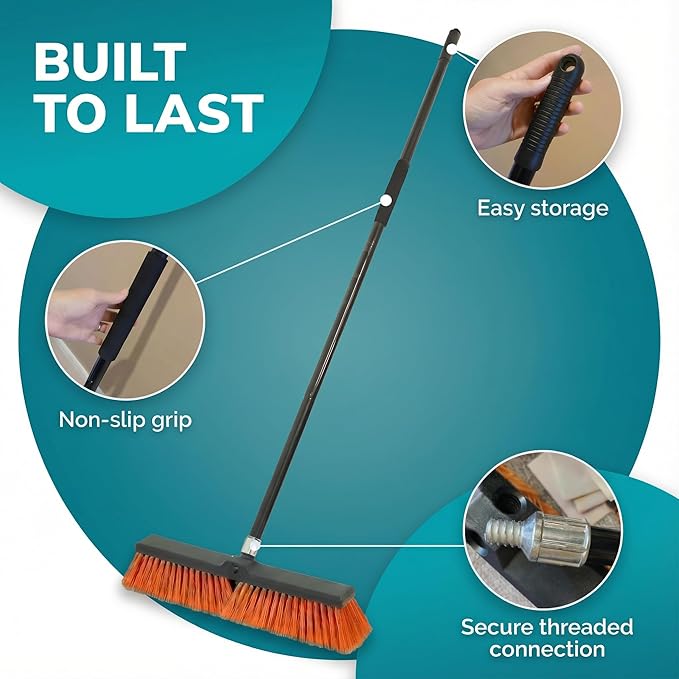 HELOMOR Outdoor Broom Set, 2 Pack Push Broom Outdoor with 62” Long Handles, Heavy Duty Brooms for Driveway, Deck, Garage & Patio, Includes Dustpan Bin and Work Gloves