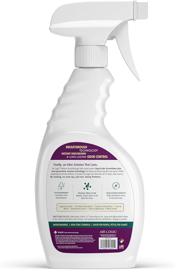 AIRLOGIC Dual-Action Odor Eliminator Spray 32 Fl Oz, Plant-Based Instant Knockdown & Enzymatic Deodorizer for Home, Neutralizes 16 Odor Sources, Bleach-Free, Fabric & Surface Safe, Lavender Lemon