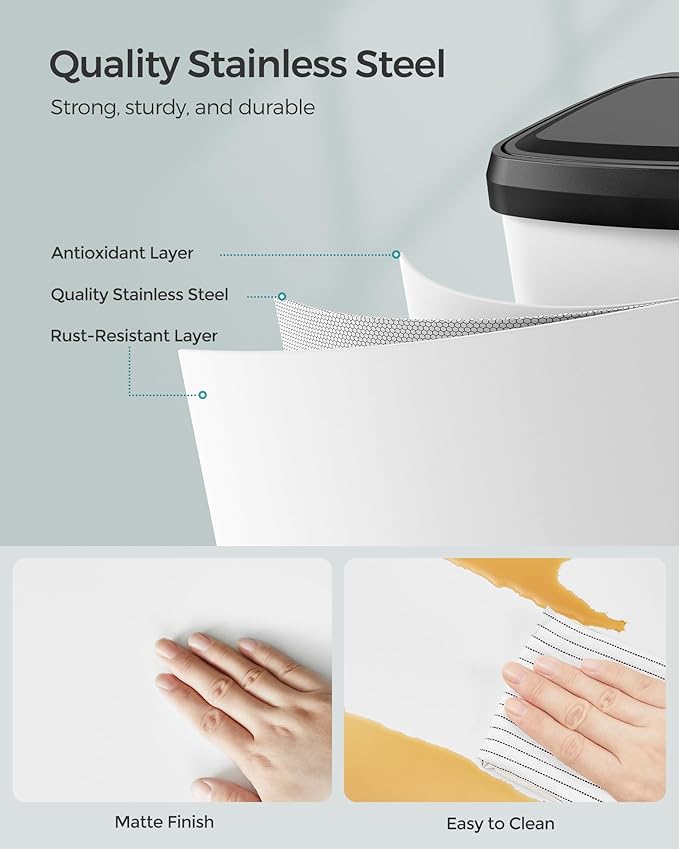 SONGMICS Kitchen Trash Can, 13 Gallon (50 L) Stainless Steel Garbage Can, with Stay-Open Lid and Step-on Pedal, Soft Closure, Tall, Large and Space-Saving, White and Black ULTB530W50