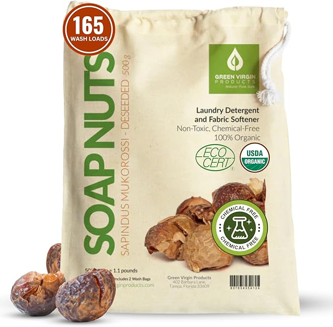 Green Virgin Soap Nuts (500 Grams=1.1 Lbs=8.8 Grams), Approx 165 Wash Loads, Includes 2 Wash Bags.