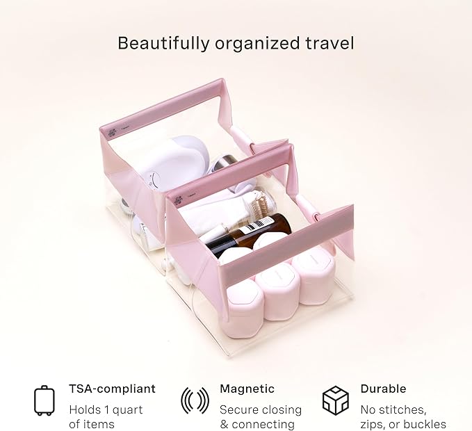 Cadence Parcel - Clear Dopp Kit with Magnetic Closure - Durable and Leak-Resistant Travel Toiletry Kit - TSA-Compliant & Modular Design - Hygiene Bag for Travel Essentials - 1 Qt - Rose