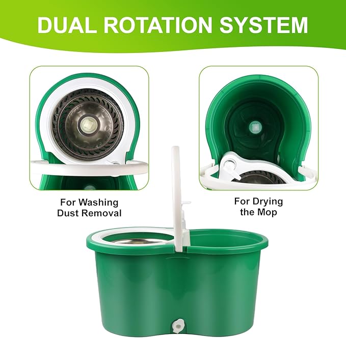 Spin Mop and Bucket with Wringer Set, 360°Spin Mop & Bucket Floor Cleaning System Mop Bucket with Adjustable Extended Handle 3 Microfiber Replacement Head Refills, Green