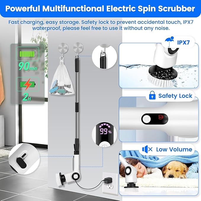 Electric Spin Scrubber, Cordless Power Shower Scrubber with 7 Scrub Brush, 3 Speeds, Adjustable Extension Handle, IPX7 Waterproof Electric Cleaning Brush for Bathroom Tub Tile Kitchen Car- White