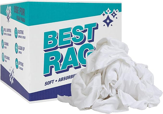 Arkwright W43 Cotton Tshirt Rags - 10 lb Box - Soft Lint Free Cloths for Cleaning, Streak & Scratch-Free, Professional Grade Wiping Towels for Polishing, Painting, and Staining, White