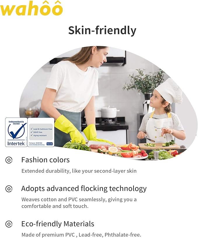 wahoo Skin-Friendly Cleaning Gloves, Cotton Flocked Lined Dishwashing Gloves, Reusable, Non-Slip, Waterproof, Bud Tender, Large