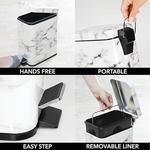mDesign Metal Freestanding Slim Toilet Bowl Brush and Holder + Rectangle Narrow 5 Liter / 1.3 Gallon Step Pedal Trash Can Wastebasket for Bathroom - Small, Compact Design - Set of 2 - White Marble