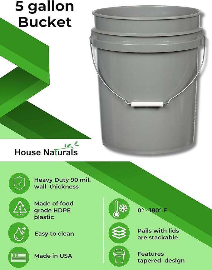 House Naturals 5 Gallon Food Grade Made in USA Plastic Bucket with Screw On Air Tight Double Gasket lid, (Pack of 3) (Gray Buckets - Aqua Lids)