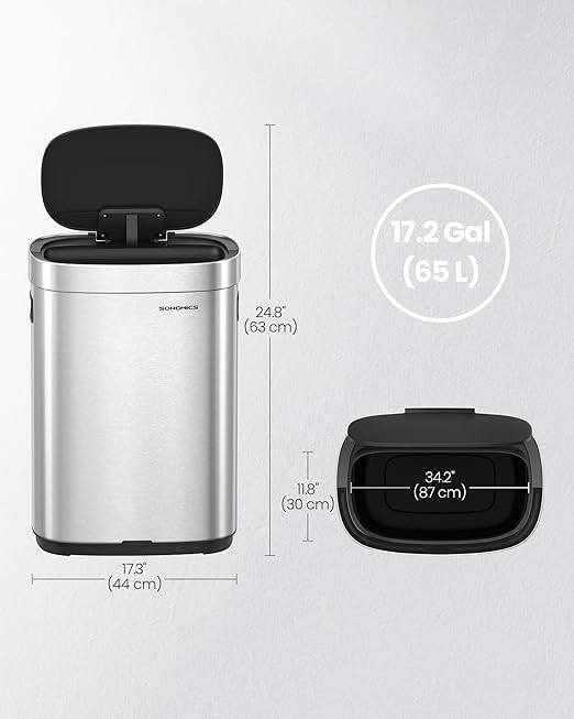 SONGMICS Kitchen Trash Can, 17.2-Gallon (65 L) Motion Sensor Garbage Can, Stainless Steel Trash Bin, Ozone Odor Control, Stay-Open, Metallic Silver ULTB660E01