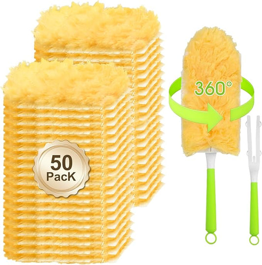 50 Pack Duster Refill for Swiffer Duster, 360 Heavy Duty Duster Kit with 2 Handle, Multi-Surface Disposable Dusters Refills for Cleaning Corner, Furniture, Car, Blinds