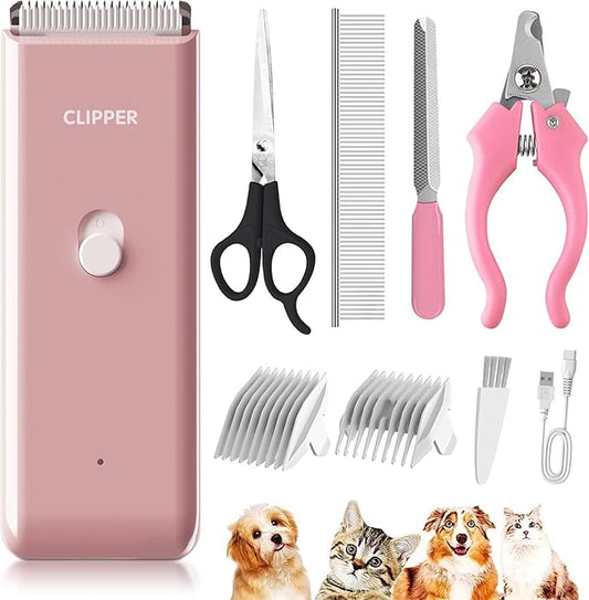 Founouly Pink Dog Cat Clippers, Home Professional Cordless Cat Grooming Tools for Dog Thick Coat Clippers, Low Noise Pet Hair Trimmer Kits with 9-Pieces