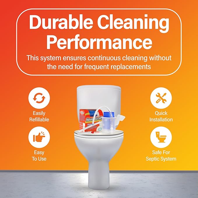 NeverScrub! Self Cleaning Toilet System - Automatic Toilet Bowl Cleaner with Starter Cartridge, Lasts Up 3 Months Continuous Cleaning - Refillable Toilet Bowl Cleaner for Stains, Rings, and Odor
