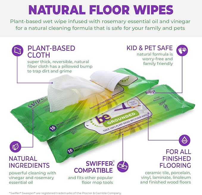 Wipex Wet Floor Wipes - Natural Wet Mop Pads Fit Swiffer Sweeper Mop - Rosemary Essential Oil & Vinegar & Plant-Based Textured Cloth Trap Absorb Dirt, Floor Cleaner Pads, 16 Count (Pack of 3)