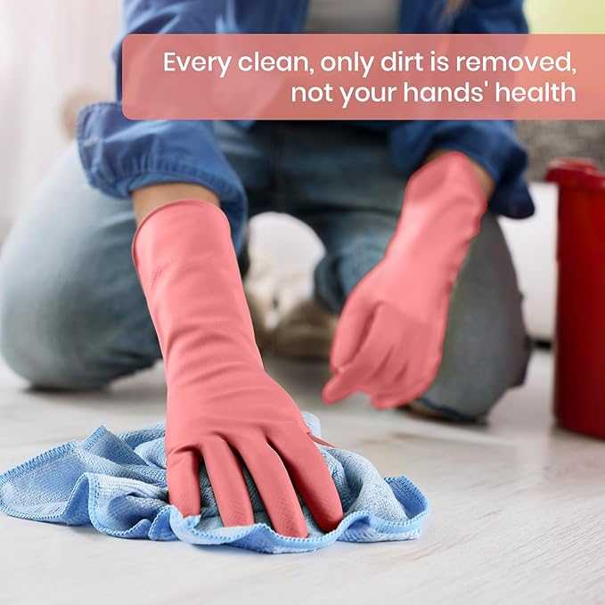 Rubber Cleaning Gloves for Dishwashing, 4 Pairs Reusable Kitchen Gloves for Washing Dishes and Household Cleaning, Pink Dish Gloves with Flocked Lining and Non-Slip Grip, Pefect for Woman Men - M