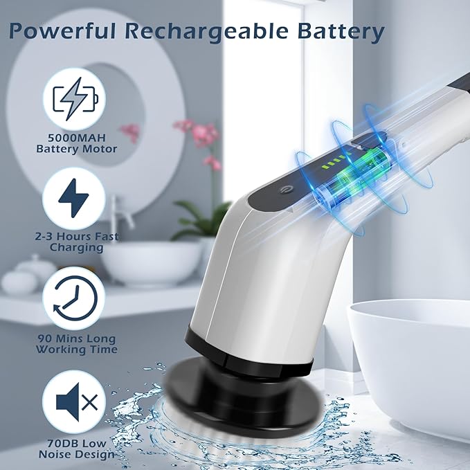 Electric Spin Scrubber, Cordless Cleaning Brush Scrubber for Home, 8 Replaceable Brush Heads-90Mins Work Time, 3 Adjustable Size, 2 Speeds for Bathroom Shower Bathtub Glass Car