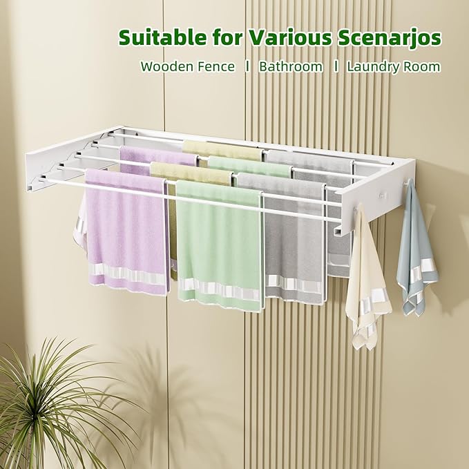 Wall Mounted Drying Rack for Laundry 40'', Folding Drying Rack Clothing Wall Mount with 5 Rods and 6 Hooks, Space Saving for Indoor Outdoor Bathroom Balcony (White, 40'')