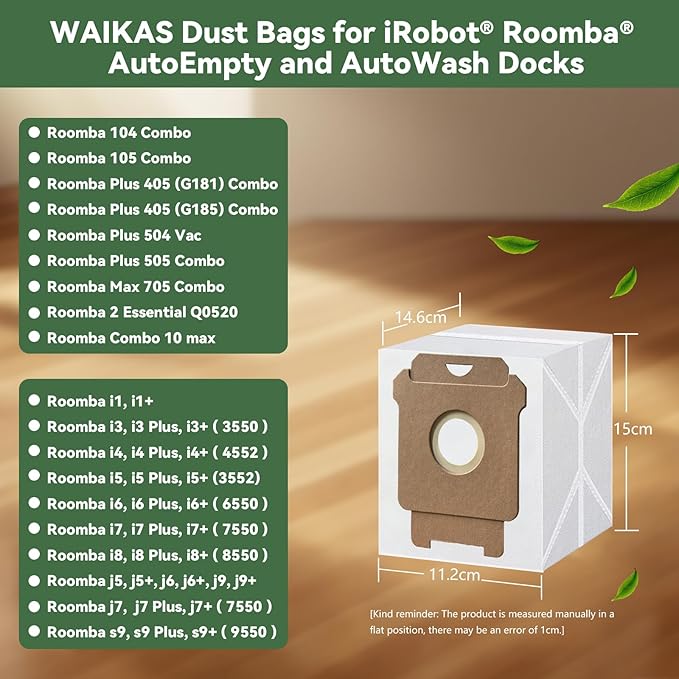 WAIKAS 18 Pack Vacuum Bags for iRobot Roomba 104 105 405 504 505 705 Combo 10 Max, i7+ i3+ i4+ i5+ i6+ i8+ j5+ j6+ j7+ j8+ j9+ s9+, i s j Series, for Roomba All Clean Base Automatic Dirt Disposal Bags