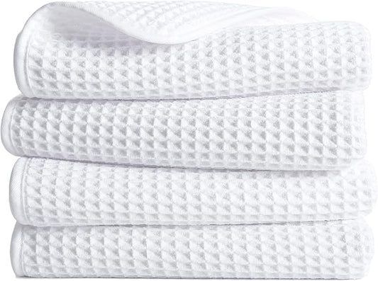 POLYTE Microfiber Lint Free Hand Towel, 16 x 30 in, 4 Pack (White, Waffle Weave)