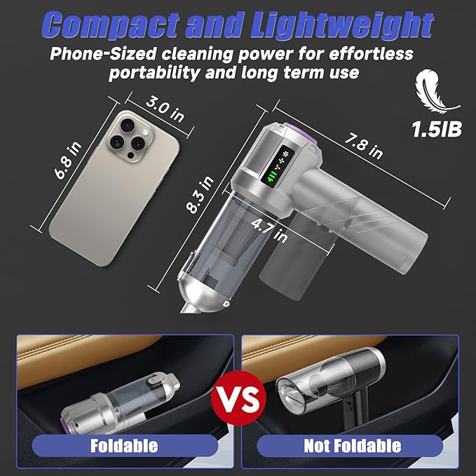 Handheld Car Vacuum Portable Cordless, 18000PA Brushless Motor Hand Held Vacuum and Air Duster, 120W High Power Mini Vacuum Cleaner Foldable with LED Screen for Home, Car, Office, Pet