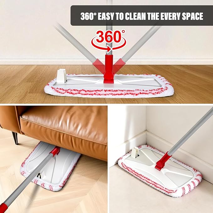 OZD 16" Microfiber Mop for Hardwood, Laminate, Tile Floor Cleaning, Flat Floor Mop with Adjustable Handle, 360° Swivel, Wet Dry Dust Mop for Pet Hair, Home & Commercial Use- Scraper & 5 Washable Pads